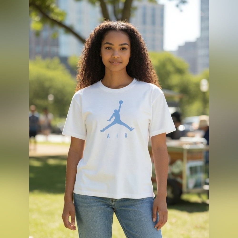 White Sports T-shirt with Blue Sporty Logo Print